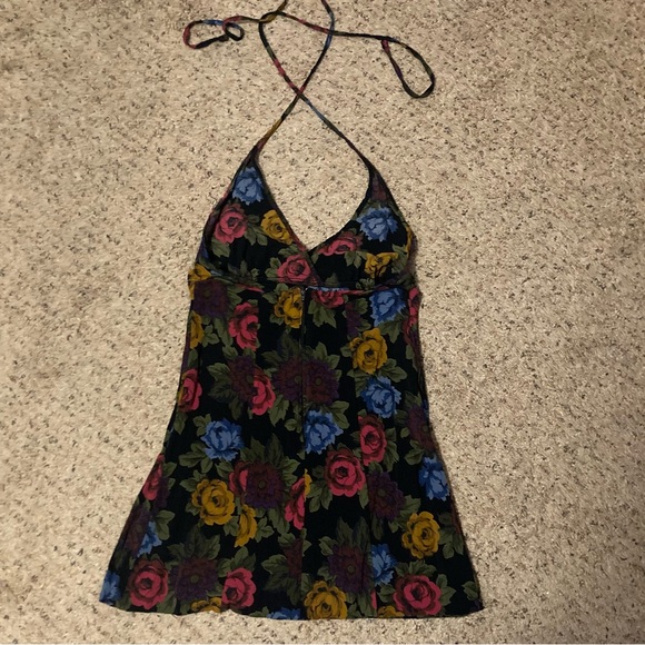 Vintage 90s Betsey Johnson floral print mini dress halter summer grunge colorful - Picture 2 of 6